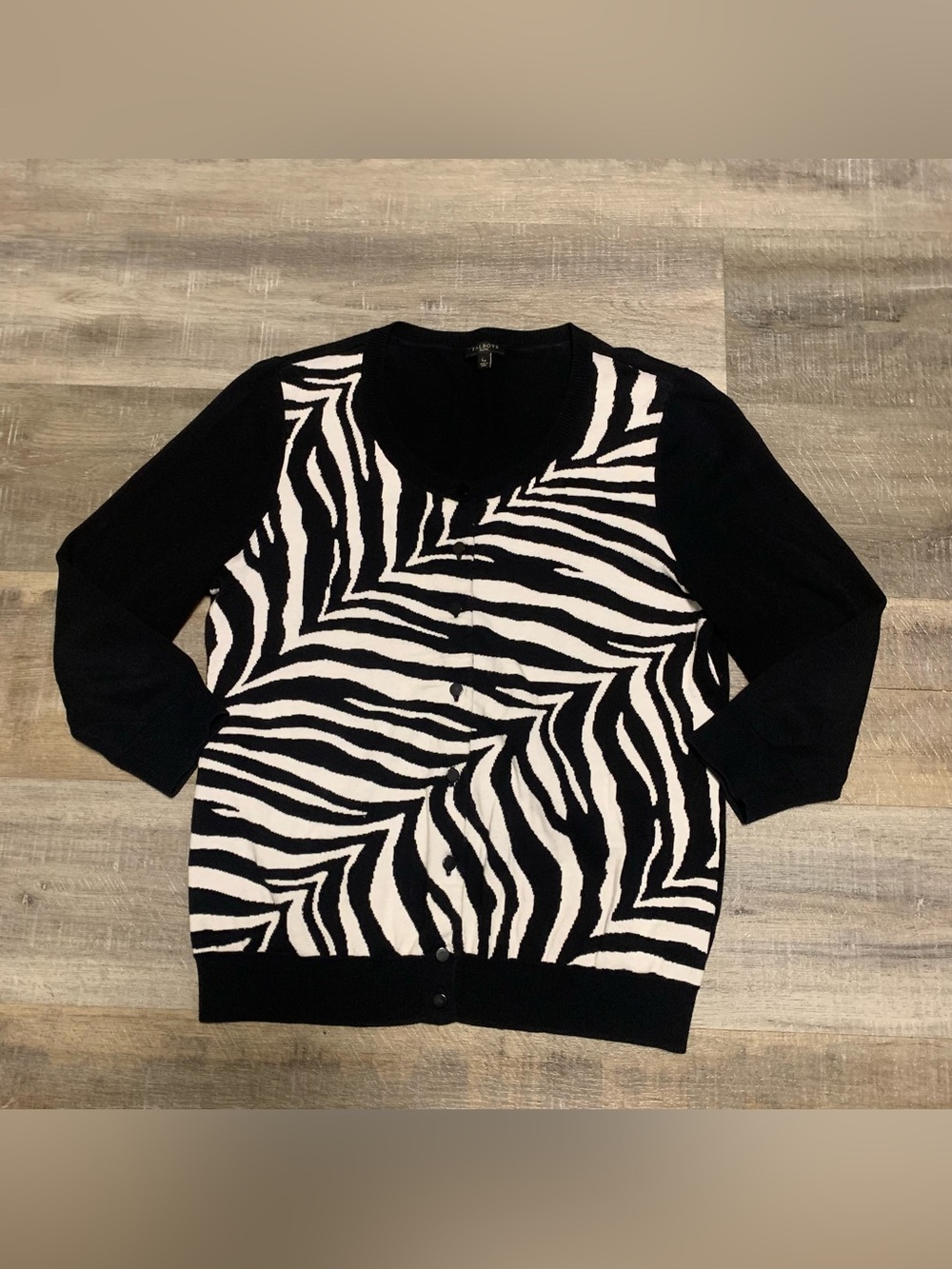Talbots Petites PL Black White Zebra Animal Print 3/4 Sleeve Cardigan Sweater